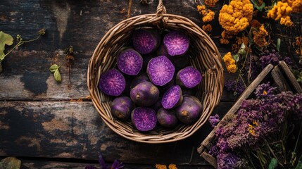 Poster - A bright and vibrant top-down view of purple sweet potatoes in a rustic basket, showcasing their striking color and fresh, natural appeal