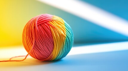 Poster - A brightly colored yarn ball featuring a spectrum of rainbow threads, isolated on a light backdrop, perfect for crafting and creative activities