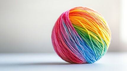 Poster - A brightly colored yarn ball featuring a spectrum of rainbow threads, isolated on a light backdrop, perfect for crafting and creative activities