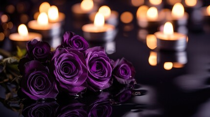 Poster - A calm funeral scene with purple roses and flickering candles on a glossy black surface, evoking tranquility and a sense of peaceful reflection