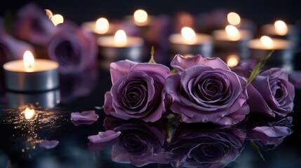 Poster - A calm funeral scene with purple roses and flickering candles on a glossy black surface, evoking tranquility and a sense of peaceful reflection