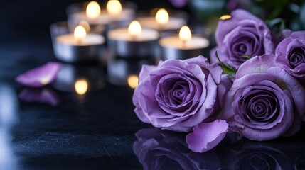 Poster - A calm funeral scene with purple roses and flickering candles on a glossy black surface, evoking tranquility and a sense of peaceful reflection