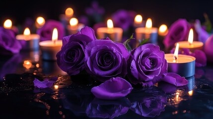 Poster - A calm funeral scene with purple roses and flickering candles on a glossy black surface, evoking tranquility and a sense of peaceful reflection