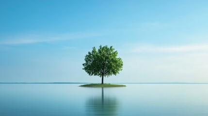 Poster - A calm landscape featuring a single tree on an island surrounded by water, under a pristine blue sky, offering space for creative overlays or text in a peaceful setting