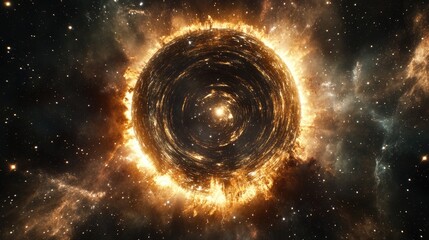 Poster - A captivating cosmic scene with space and time warping around a massive celestial body, surrounded by glowing stars and distant galaxies