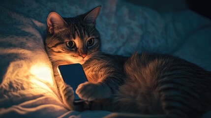 Poster - A cat lying in bed holding a phone, looking cozy and relaxed, ideal for capturing the essence of a quiet, comfortable evening in a homey setting