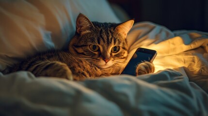 Poster - A cat lying in bed holding a phone, looking cozy and relaxed, ideal for capturing the essence of a quiet, comfortable evening in a homey setting