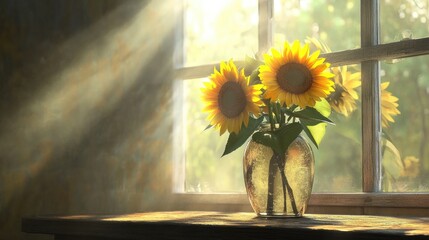 Poster - A cheerful vase of sunflowers placed on a table by the window, their yellow petals illuminated by soft, warm natural sunlight, brightening the room