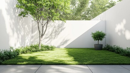 Poster - A clean and modern backyard design featuring fresh green grass, a small potted tree, and a minimalist white wall for a sleek contrast