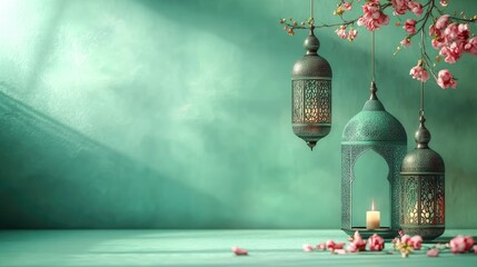 Aufkleber - A clean, soft green backdrop with elegant Ramadan and Eid Mubarak motifs, perfect for creating peaceful and tasteful designs for the festive period