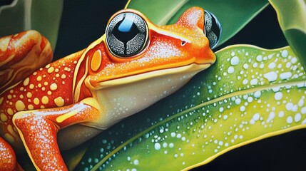 Poster - A close-up of a frog on a green leaf, capturing the vivid colors of the amphibian and the natural beauty of its environment in stunning detail