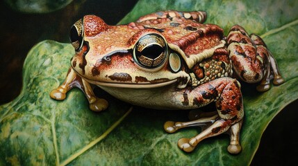 Poster - A close-up of a frog on a green leaf, capturing the vivid colors of the amphibian and the natural beauty of its environment in stunning detail