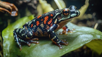 Poster - A close-up of a frog on a green leaf, capturing the vivid colors of the amphibian and the natural beauty of its environment in stunning detail
