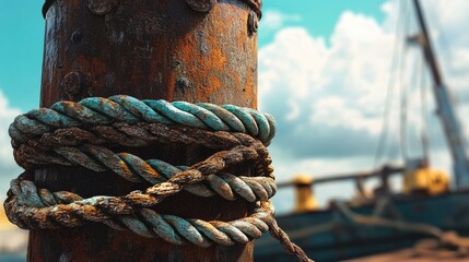 Poster - A close-up of a rusted bollard on a dock, with thick ropes tangled around it and a bright, sunny sky overhead, creating a nostalgic maritime scene