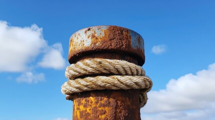 Aufkleber - A close-up of a rusty bollard with thick ropes coiled around it, set against a clear blue sky and fluffy clouds, evoking the charm of the port