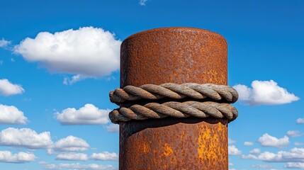 Poster - A close-up of a rusty bollard with thick ropes coiled around it, set against a clear blue sky and fluffy clouds, evoking the charm of the port