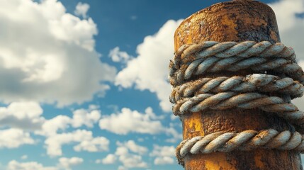 Poster - A close-up of a rusty port bollard with thick ropes, set against a bright sky with fluffy clouds, creating a classic maritime scene