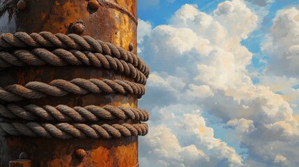 Poster - A close-up of a rusty port bollard with thick ropes, set against a bright sky with fluffy clouds, creating a classic maritime scene
