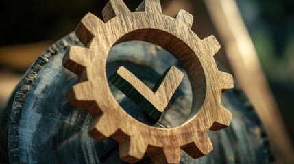 Poster - A close-up of a wooden gear with a check mark symbol carved into it, symbolizing sustainability and eco-conscious design in a green business concept