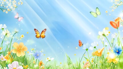 Sticker - Vibrant Floral Landscape with Butterflies and Light Rays in Sky