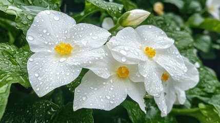 Wall Mural - A close-up of white flowers with yellow centers, glistening with fresh raindrops, surrounded by vibrant greenery in a lush garden, symbolizing natural beauty