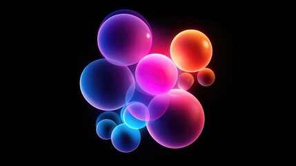 Poster - A cluster of glowing neon bubbles floating against a deep black background, creating a stunning, modern design with vibrant colors and sharp contrast