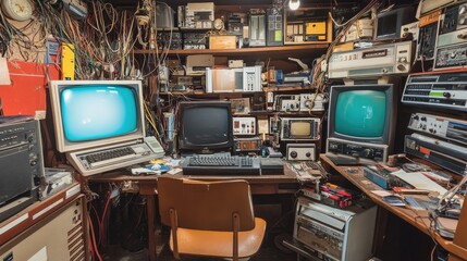 Poster - A cluttered workstation full of vintage technology, old cables, and forgotten equipment in a room filled with the nostalgia of early electronics and computing