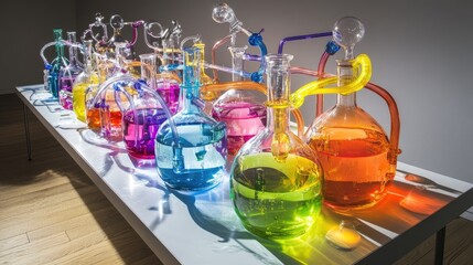 Poster - A collection of lab flasks filled with colorful liquids, linked by elaborate tubing, arranged on a clean, sterile bench, ideal for showcasing science or research