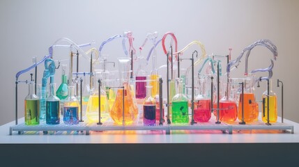 Poster - A collection of lab flasks filled with colorful liquids, linked by elaborate tubing, arranged on a clean, sterile bench, ideal for showcasing science or research