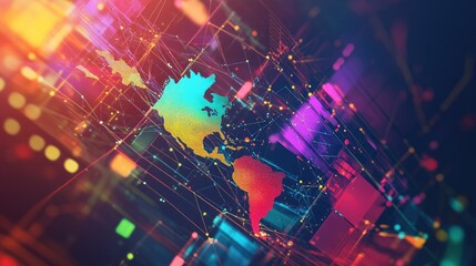 Poster - A colorful, abstract world map with geometric shapes and vibrant hues, creating a dynamic and modern representation of global connectivity