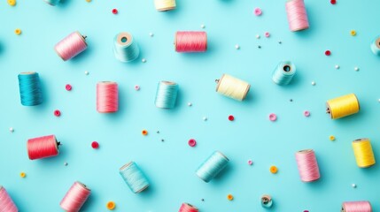 Poster - A colorful collection of thread spools scattered across a calming blue background, offering a playful and vibrant look for DIY and crafting activities
