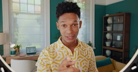 Poster - Live streaming, ring light and face with man in house for influencer, finance expert and content creator. Stock market guru, greeting and wave with person for vlog recording and broadcast