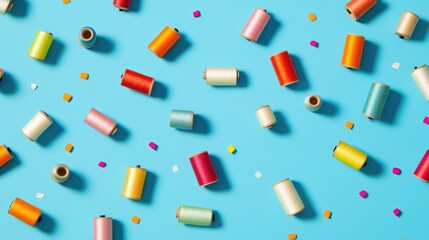 Poster - A colorful collection of thread spools scattered across a calming blue background, offering a playful and vibrant look for DIY and crafting activities