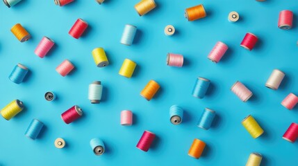 Poster - A colorful collection of thread spools scattered across a calming blue background, offering a playful and vibrant look for DIY and crafting activities
