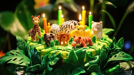 Poster - A colorful jungle-themed cake with animal figurines and leafy frosting, surrounded by bright green and yellow candles, creating a festive and playful mood