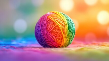 Poster - A colorful yarn ball in a vibrant rainbow spectrum, set against a soft, light background, ideal for DIY, knitting, and creative design work