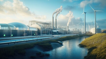 Poster - A cutting-edge green factory featuring hydrogen pipelines and a backdrop of wind turbines, representing a vision for a sustainable future powered by renewable energy