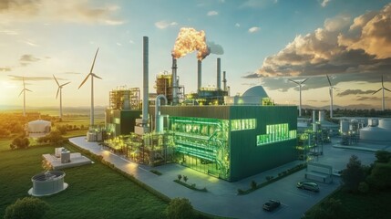Poster - A cutting-edge green factory featuring hydrogen pipelines and a backdrop of wind turbines, representing a vision for a sustainable future powered by renewable energy