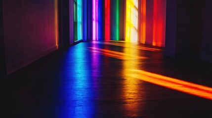 Aufkleber - A dark room with rainbow lights casting brilliant colors and dramatic shadows, creating an intriguing and atmospheric effect of light and color