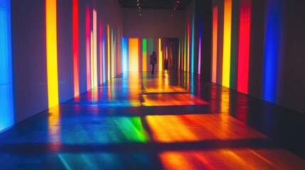 Aufkleber - A dark room with rainbow lights casting brilliant colors and dramatic shadows, creating an intriguing and atmospheric effect of light and color