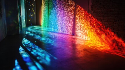 Aufkleber - A dark room with rainbow lights casting brilliant colors and dramatic shadows, creating an intriguing and atmospheric effect of light and color