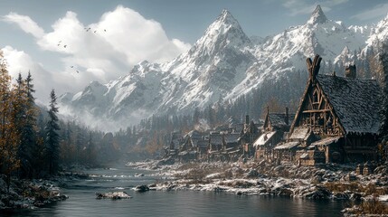 Wall Mural - snowy mountain village: a breathtaking winter landscape