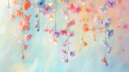 Poster - A delicate display of colorful hanging blooms, floating against a soft pastel background, evoking calmness and tranquility in a nature-themed setting