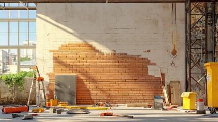 Aufkleber - A detailed 3D render of a construction site with a half-built brick wall and scattered tools, emphasizing the construction process in a vibrant industrial setting