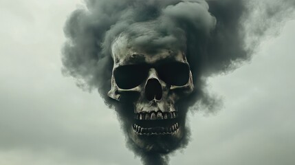 Poster - A dramatic scene of heavy industrial smoke forming into a skull shape, emphasizing the environmental risks of CO2 emissions and industrial pollution