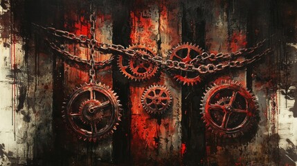Poster - A forgotten industrial space featuring rusty gears and chains, bathed in dramatic lighting, creating a mysterious, moody atmosphere with an eclectic vibe