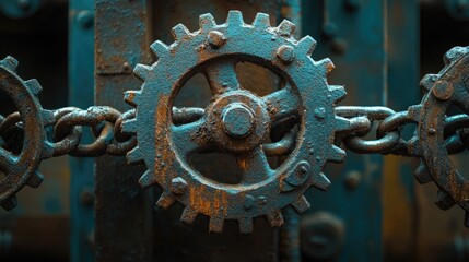 Poster - A forgotten industrial space featuring rusty gears and chains, bathed in dramatic lighting, creating a mysterious, moody atmosphere with an eclectic vibe