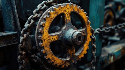 Poster - A forgotten industrial space featuring rusty gears and chains, bathed in dramatic lighting, creating a mysterious, moody atmosphere with an eclectic vibe