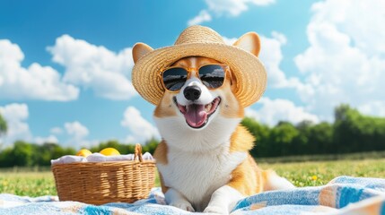 Aufkleber - A fun-loving Corgi in a straw hat and sunglasses, sitting on a picnic blanket under a sunny blue sky, exuding playful, joyful vibes on a perfect day outdoors