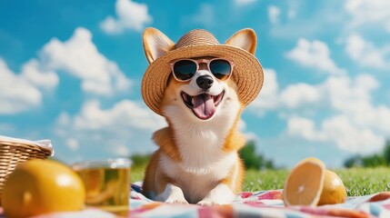 Aufkleber - A fun-loving Corgi in a straw hat and sunglasses, sitting on a picnic blanket under a sunny blue sky, exuding playful, joyful vibes on a perfect day outdoors